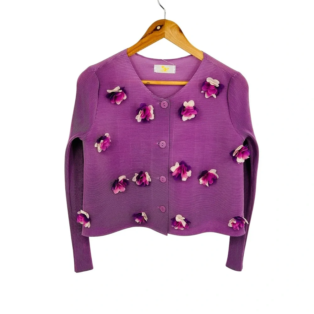 SM Brand Purple Pleated Floral Cardigan‎ Sweater Medium